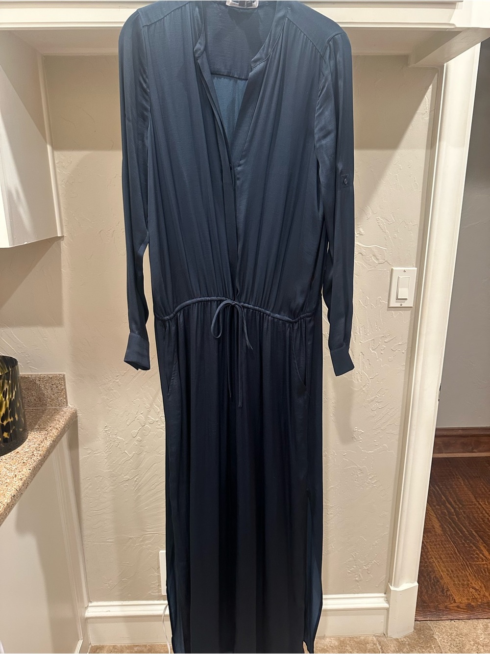 Vince Navy Long Sleeve Drawstring Maxi Dress